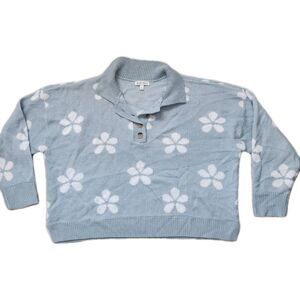 Derek Heart Crop Collared Sweater Blue White Floral 1/4 Button Plus 2X EUC
